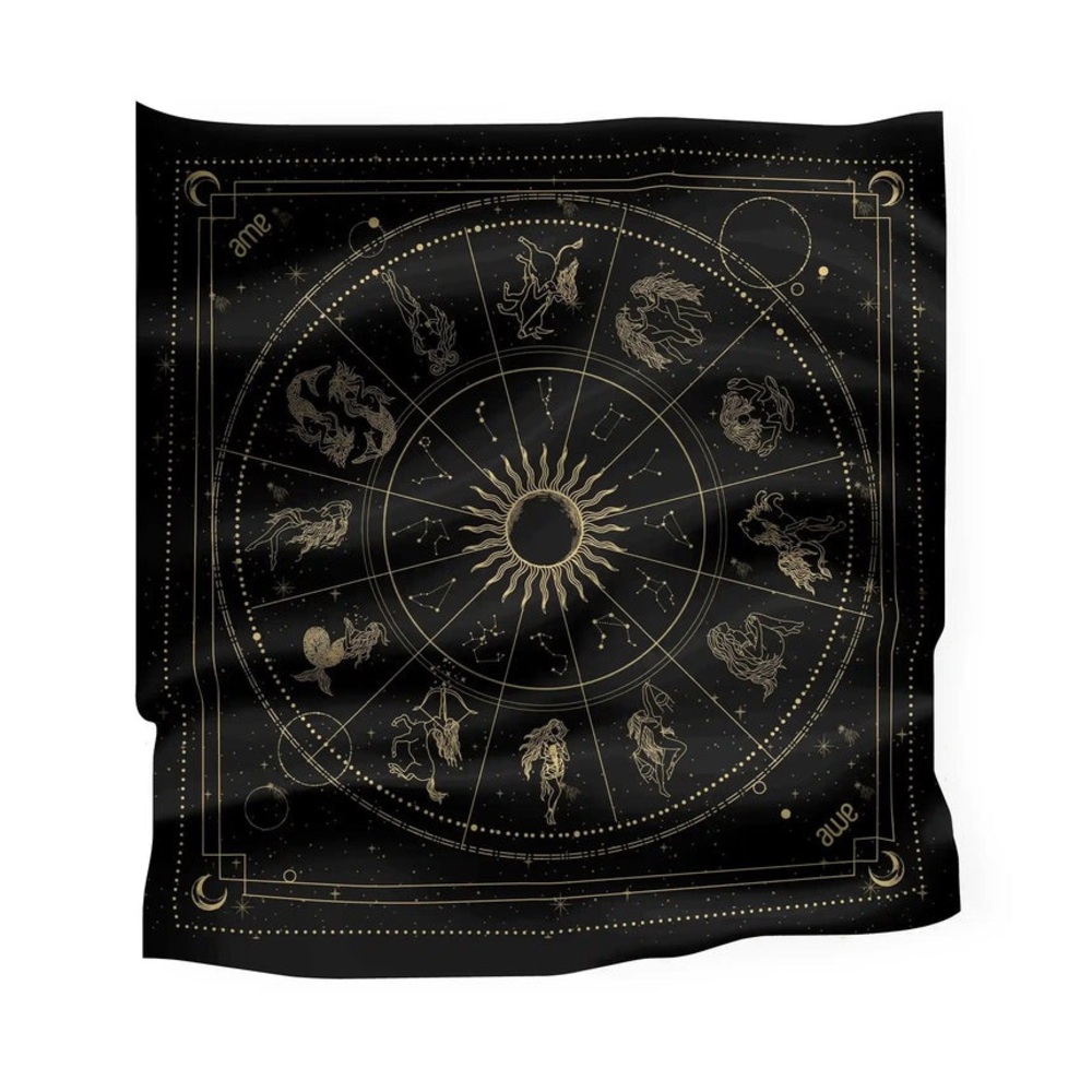 Awe Inspired black gold silk twill zodiac square scarf headwrap belt bag wrap